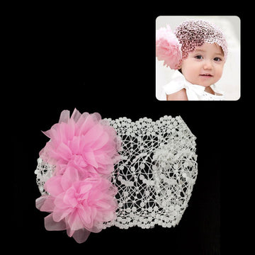 Babys Wide Lace Stretch Headband White with Pink Flowers